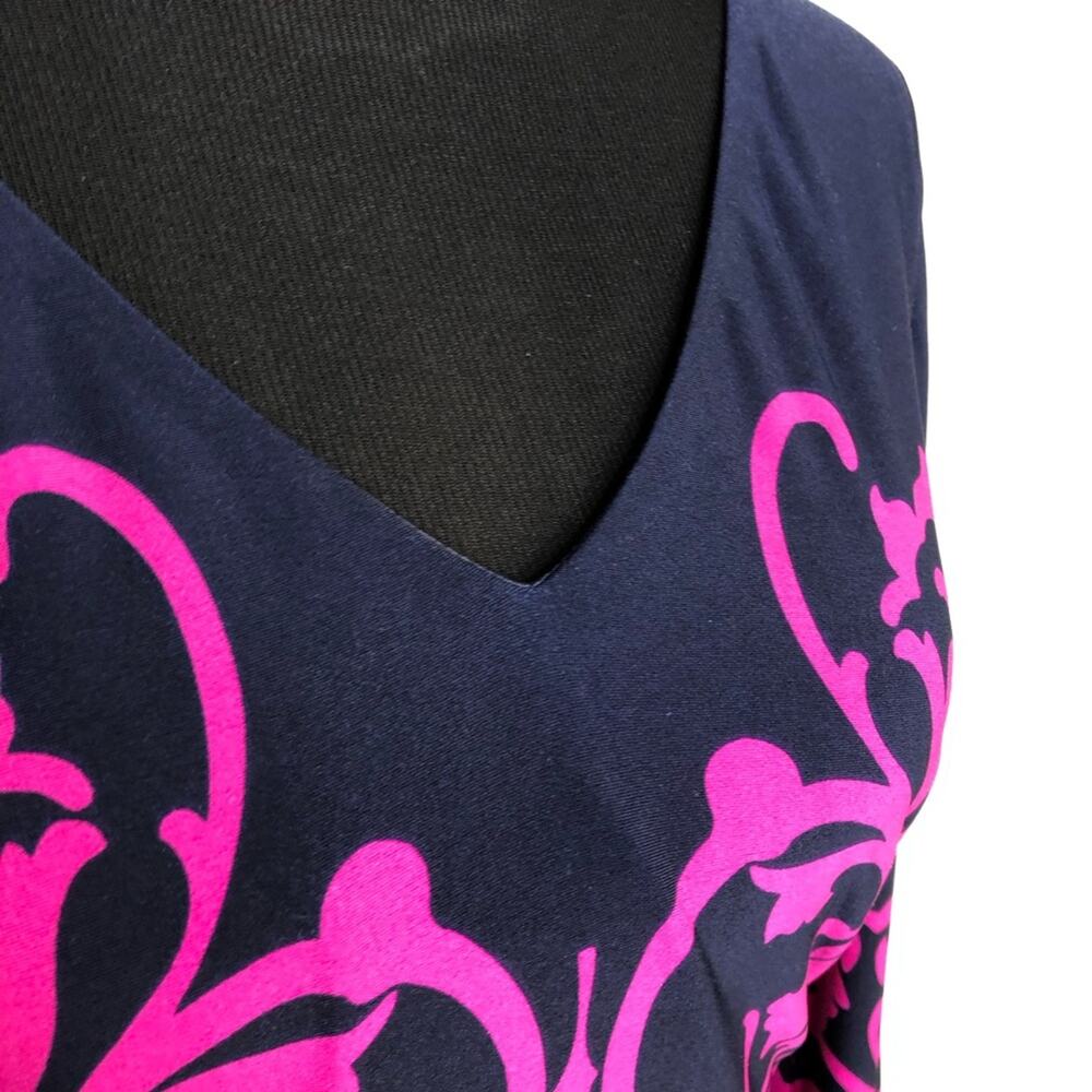 David Meister navy blue pink floral scroll v neck midi dress size 8 - Picture 7 of 16